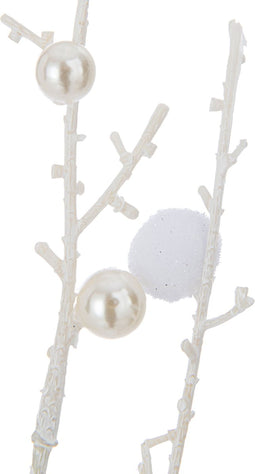 J-Line decoratie Tak Pompons + Parels - kunststof - wit - 12 stuks