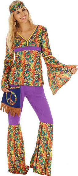 Dressforfun Hippie Kostuum Vrouwen XL - Retro Top en Broek - Inclusief Schoudertas met Peace-teken