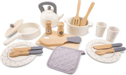 New Classic Toys® Houten Servies- en Pannenset - 20-delige Speelset met Pan Koekenpan Theeketel en Bestek - Gebroken Wit