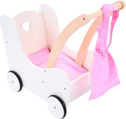 Angel Toys 606015 - Poppen loopwagen - Inclusief matrasje dekentje kussentje opbergtas - Roze wit