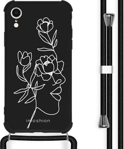 iMoshion Hoesje Geschikt voor iPhone Xr Hoesje Met Koord - iMoshion Design Hoesje met Koord - Wit / Zwart / Woman Flower Black