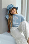 Like Flo F302-5641 - Meisjes Broek - Elastische Taille - Off White met IJsblauw Streepje - Maat 158