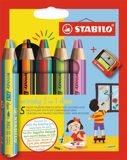 STABILO Woody 3 in 1 Duo - Multi Talent Kleurpotlood - Etui Met 5 Kleuren + Puntenslijper