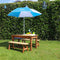 AXI Dennis Zand & Water Picknicktafel met Speelkeuken, Wastafel en losse bankjes in Bruin - Met Parasol in Blauw/Wit - Incl. 17-delige accessoire-set