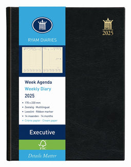 Ryam | Bureau agenda | Executive Crème 6-Talig Mundior | 2025 | Genaaid gebonden | 170 x 220 mm | 14 mnd | Zwart