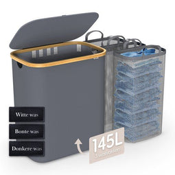 Dymac Wasmand 145 Liter | 3 Compartimenten | Bamboe Wassorteerder | Met 3 uitneembare waszakken |