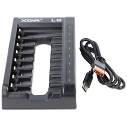 L8 quick charger for 1.5V Li-Ion and 1.2V NiMH AA, AAA batteries, with 8 charging slots, without bat