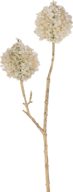 J-Line decoratie Tak 2 Bloemen Pompons - kunststof - crème/goud - small - 12 stuks