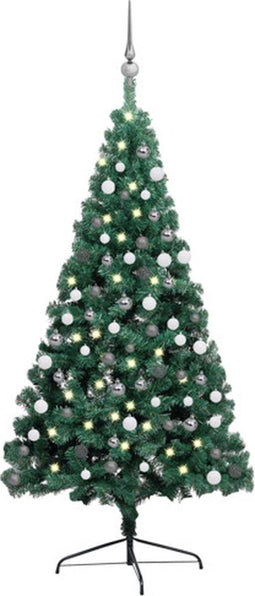 vidaXL - Kunstkerstboom - met - verlichting - en - kerstballen - half - 150 - cm - groen