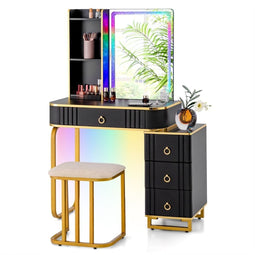 Coast Kaptafel - Make-up Tafel - Dimbare LED Spiegel - Zwart - 80 x 40 x 137 cm - Incl. Kruk