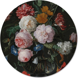 Label2X - Muurcirkel - Stilleven Bloemen & Horloge, Abraham Mignon - Ø 80 cm - Dibond - Wandcirkel - Rond Schilderij - Muurdecoratie Cirkel - Wandecoratie rond - Decoratie voor woonkamer of slaapkamer