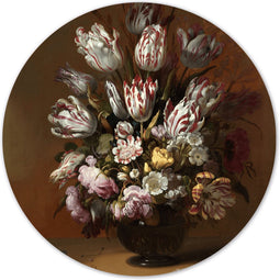 Label2X - Muurcirkel - Stilleven met Bloemen, Hans Bollongier, 1639 - Ø 80 cm - Dibond - Multicolor - Wandcirkel - Rond Schilderij - Bloemen en Planten - Muurdecoratie Cirkel - Wandecoratie rond - Decoratie voor woonkamer of slaapkamer