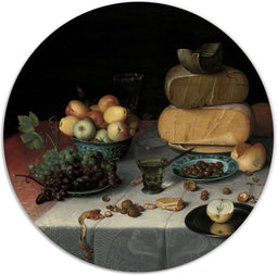 Label2X - Muurcirkel - Stilleven met Kazen, Floris Claesz. van Dijck - Ø 120 cm - Dibond - Multicolor - Wandcirkel - Rond Schilderij - Bloemen en Planten - Muurdecoratie Cirkel - Wandecoratie rond - Decoratie voor woonkamer of slaapkamer