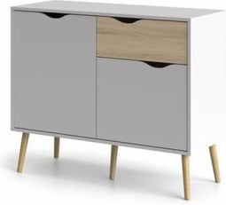 Ladekast met 2 deuren, 1 lade - Wit/Eiken - Uitlopende massief houten basis - 98,7 x 39,1 x 81,7 cm - TVILUM