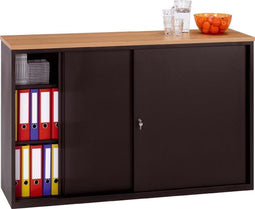 Lage schuifdeurkast breed 166CM diep 40CM hoogte 100CM bladkleur Beuken framekleur Licht grijs (Ral 7035)