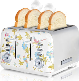 Laura Ashley Dubbele Broodrooster – Broodrooster Met Opwarmgrill – Broodrooster Retro – Extra Brede Sleuven – Geschikt voor 4 Sneden – Uniek Design