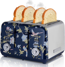 Laura Ashley Dubbele Broodrooster – Broodrooster Met Opwarmgrill – Broodrooster Retro – Extra Brede Sleuven – Geschikt voor 4 Sneden – Uniek Design