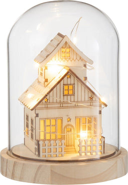 J-Line decoratie Stolp Winter Huis - hout/glas - naturel - LED lichtjes