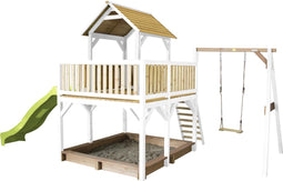AXI Atka Speeltoestel in Bruin/wit - Speeltoren met Enkele Schommel, Limoen Groene Glijbaan en Zandbak - FSC hout - Speelhuis op palen voor de tuin