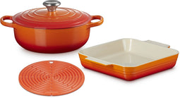 Le Creuset - Braadset - Oranjerood - 3-delig - Braadpan - Ovenschaal - Onderzetter