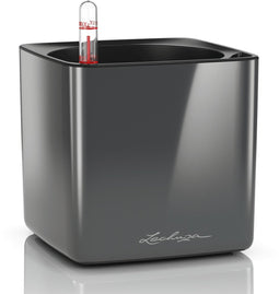 LECHUZA CUBE Glossy 14 - Plantenbak - met uitneembare binnenbak - met bewateringssysteem - ALL-IN-ONE set met LECHUZA-PON - antraciet hoogglans