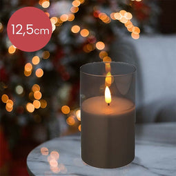 LED kaars cedar bruin met rook grijs glas en vlam effect - 7,5 x 12,5cm - voor binnen