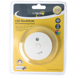 LED night light with twilight sensor, automatic switching on and off depending on daylight, with mul