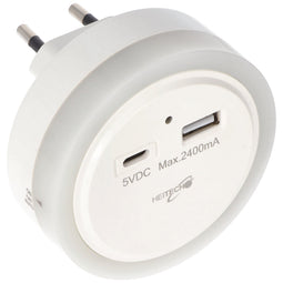 LED night light with USB-C/A charger and twilight control, with USB-C and USB-A connection, ideal gu