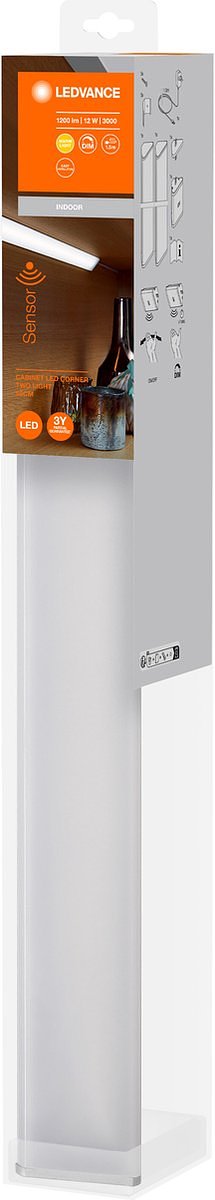 LEDVANCE Batterij-aangedreven armatuur LED: voor kastonderzijden, Cabinet LED Corner / 12 W, 22-…24- V, stralingshoek: 11-, Warm wit, 3- K, body materiaal: polycarbon. (pc) / acrylonit., IP2-