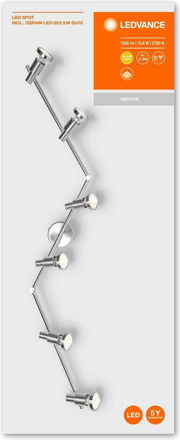 LEDVANCE LED Spotlight, 6-Flame Hoge kwaliteit aluminium, geschikt voor muur en plafond binnen, verwisselbare GU1-lampen inbegrepen, warm wit (27-K), 3W, LED-spot GU1- 6x3W