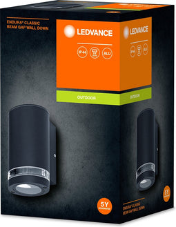 LEDVANCE LED Wandlamp voor 1x GU1-lampen, designlicht voor buiten, voor 1-zijdige indirecte verlichting met dumpingring, gemaakt van aluminium in donkergrijze, Endura Beam Gap Wall Down GU1-