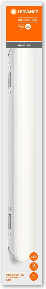 LEDVANCE Lijnarmatuur LED: voor plafond/muur, SUBMARINE Integrated / 18 W, 22-…24- V, stralingshoek: 12-, Koel wit, 4- K, body materiaal: polycarbonate (pc), IP65