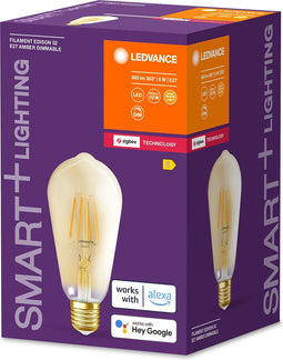 LEDVANCE Slimme LED-lamp met ZigBee, E27, Dimbaar, Warm wit (24-K), Gouden Edison vorm, Heldere gloeidraad, Vervanging voor 55W gloeilampen, Bedienbaar met systemen zoals Alexa, Google, 1-pack