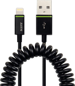Leitz Lightning naar USB Spiraal Kabel Voor Auto - 1 m - MFI gecertificeerd door Apple (geschikt voor iPhone - iPad - Ipod met lightning aansluiting) - zwart
