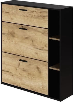 LEONA Schoenenkast met 2 deuren - Rustiek eiken melamine en zwarte omtrek - 8 tot 10 paar - L90 x D25 x H102 cm