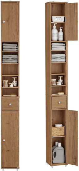 SoBuy BZR34-II-PF - Hoge Badkamerkast - Smalle Opbergkast met Lade en Verstelbare Planken - Naturel 20x20x180cm