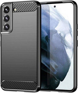 Hoes Geschikt voor Samsung S22 Hoesje Backcover Carbon Style Siliconen Case TPU Hoesje Zwart - Luxe Telefoonhoesje Wallet Case Pasjeshouder PU Leder