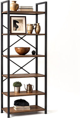 Goliving Boekenkast - 66 x 30 x 186 cm - 6 Lagen - Zwart Stalen Frame - Donkerbruin Hout - Eenvoudige Assemblage