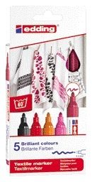 edding 4500 textielstiften - zwart, rood, oranje, roze en karmijnrood - 5 stuks - ronde punt 2-3 mm - textielstiften wasmachinebestendig (60°C) om op textiel te tekenen - textielmarker voor volwassenen en kinderen