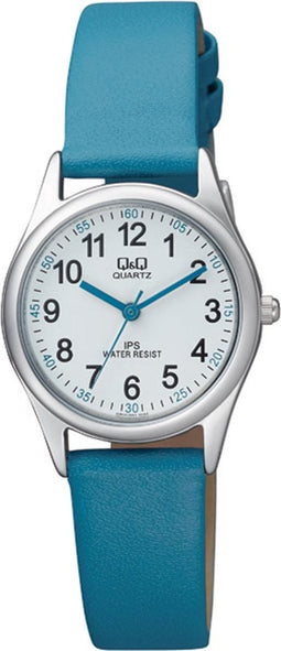 Q&Q QZ09J344Y - Horloge - Analoog - Kinderen - Unisex - Leren band - Rond - Metaal - Cijfers - Blauw - Zilverkleurig - Wit - 3 ATM