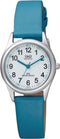 Q&Q QZ09J344Y - Horloge - Analoog - Kinderen - Unisex - Leren band - Rond - Metaal - Cijfers - Blauw - Zilverkleurig - Wit - 3 ATM