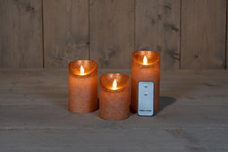 Anna's collection - 3ST KAARS KOPER WAX RUSTIEK BEWEGENDE VLAM 7,5X10/12,5/15CM AFSTANDSBEDIENING...