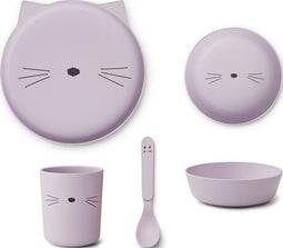 Liewood Brody Kinder serviesset - Bord, drinkbeker, kom en lepel - Cat Light Lavender
