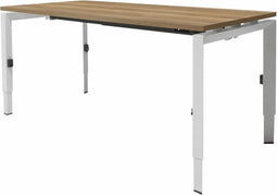 Linesto N3 bureau, hoogte instelbaar (65-85cm) met 140x80cm lindberg eiken zwevend 25mm blad en wit (RAL9010) vierpoot N-frame (poot driehoekig 50x50x75 mm.), (met geïntegreerde kabelgoot)
