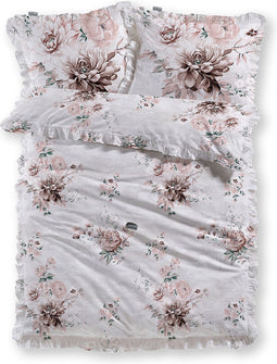 LINNICK Dekbedovertrek Katoen Cluster Floral Ruches - white - 200x200/220cm - tweepersoons