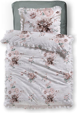 LINNICK Dekbedovertrek Katoen Cluster Floral Ruches - white - 140x200/220cm - 1 persoons