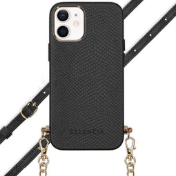 Selencia Hoesje Geschikt voor iPhone 12 Mini Hoesje Met Koord - Selencia Aina Slang Hoesje met koord - Zwart