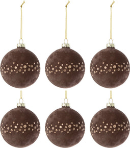 J-Line kerstbal Stippen - fluweel - bruin/goud - doos van 6