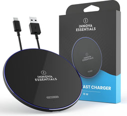 Innova® Draadloze Oplader 15W - QI Snellader - Inclusief Kabel - Wireless Fast Charger - Geschikt voor alle Draadloos Oplaadbare Smartphones - Zwart