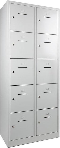 Lockerkast SHC met 10 deuren voorzien van brievensleuf in grijs met hangoogsluiting (excl. hangslot)